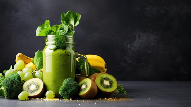 Glass bottle with green smoothie kale leaves lemon apple kiwi grapes banana avocado lettuce With space for text