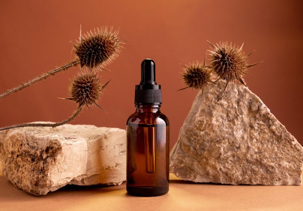 Glass bottle with moisturizing oil on background of stones and thorns Natural cosmetics for dry skin concept