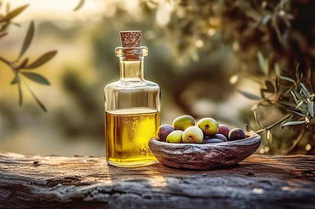 Glass bottle with natural olive oil and green olives on wooden board