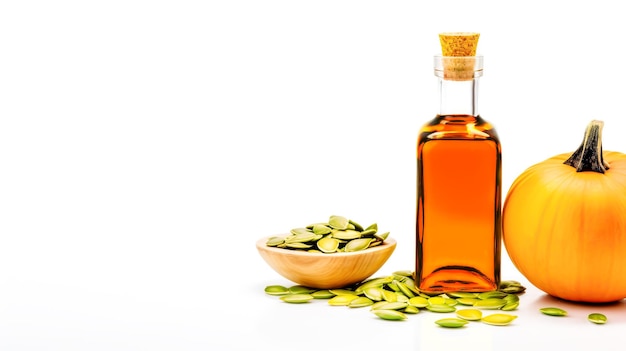 Glass bottle with natural pumpkin oil and pumpkin with seeds on white background