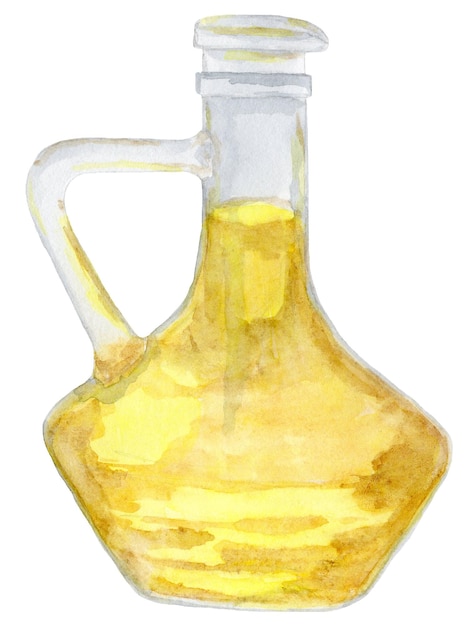 Glass bottle with nature yellow oil Bright isolated watercolor drawing