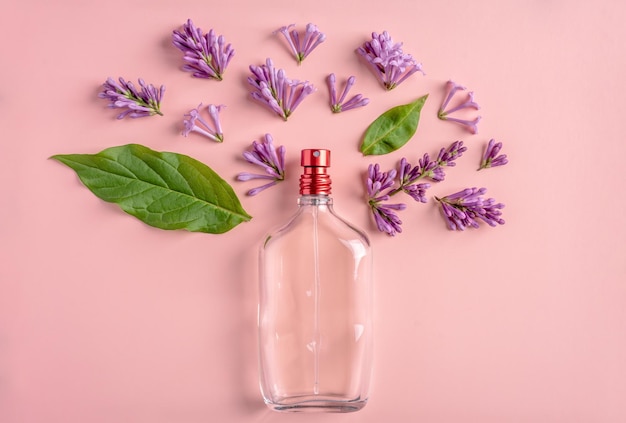 Glass bottle with perfume and leaves and flowers lilac on a pink background