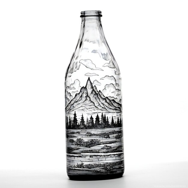 A glass bottle with a picture of a mountain landscape in it