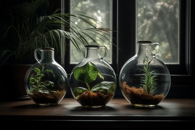 A glass bottle with plants inside is filled with water and a plant inside.