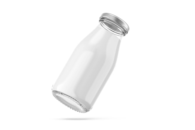 A glass bottle with a silver cap is upside down.