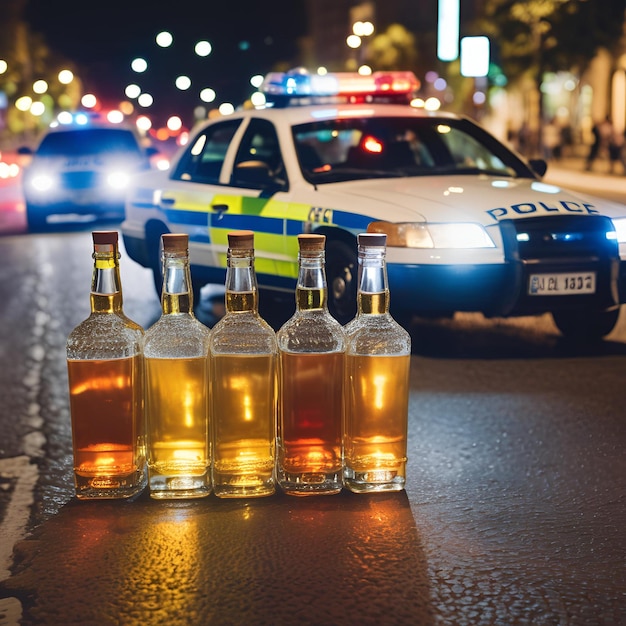 Glass bottles of alcohol drinks on the road police car with lights on the city street at night