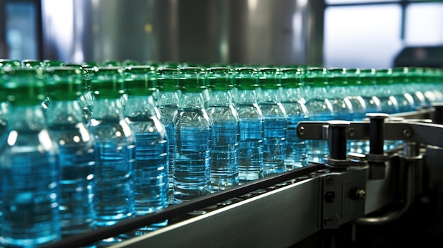 Glass bottles on the conveyor Modern production of nonalcoholic beverages Workshop for packaging