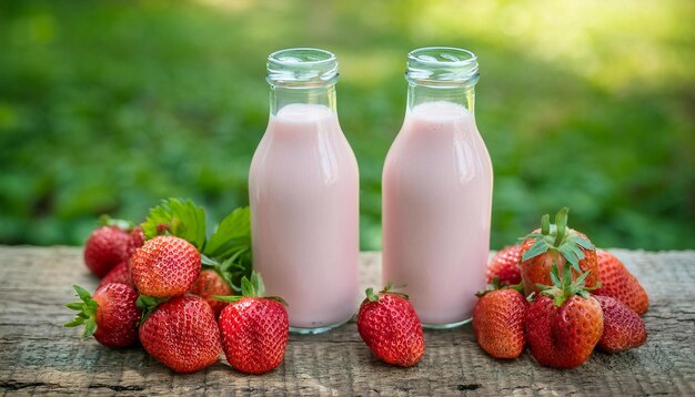 Glass bottles of delicious strawberry milk or smoothie on wooden table Tasty fruit drink Closeup