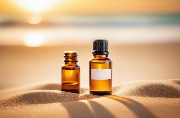 glass bottles of essence oil with white blank label on sand at sunset mock up for natural cosmetics