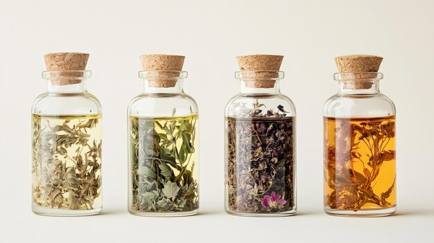 Photo glass bottles filled with assorted herbs and oils arranged on a light background showcasing natural infusions and colors