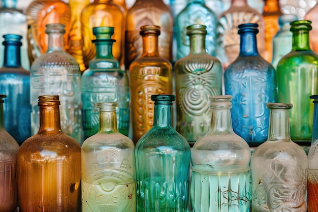 Glass bottles of mixed colors including green clear white brown and blue Glass bottle