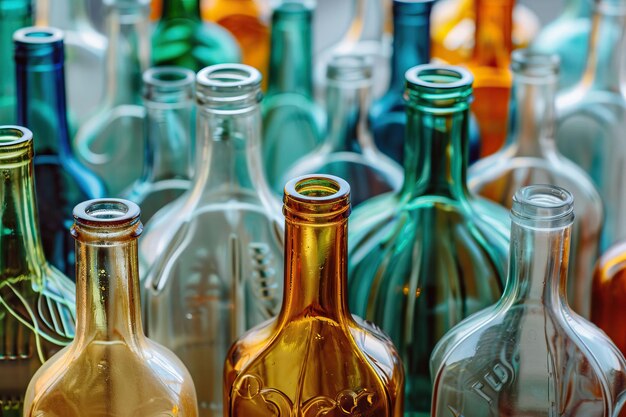 Glass bottles of mixed colors including green clear white brown and blue Glass bottle