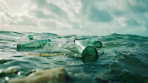 Photo glass bottles and plastic debris floating in the ocean under a cloudy sky highlighting environmental pollution issues