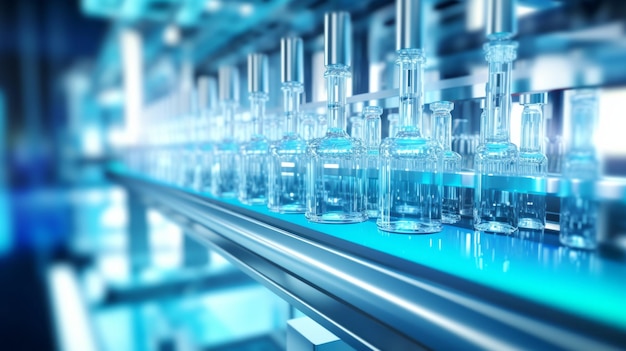 Glass bottles with clear liquid on an automatic conveyor line in a pharmaceutical factory Production of Vaccines Medicines Chemicals Injections in the laboratory