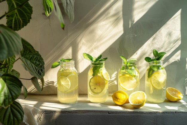 Photo glass bottles with lemonade and lemons on a windowsill next to plants