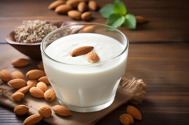 a glass bowl of almond milk with almonds on a wooden table