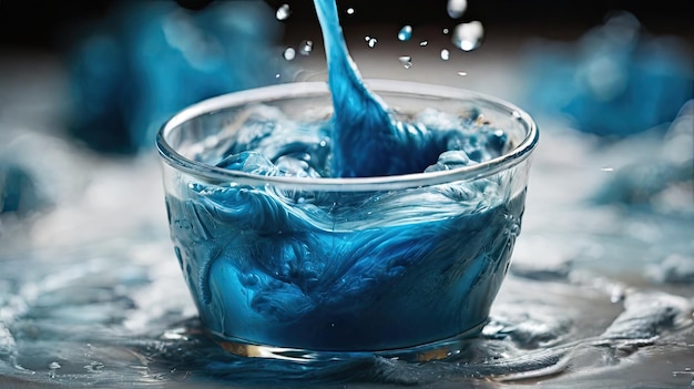 a glass bowl of blue liquid is being poured into a glass