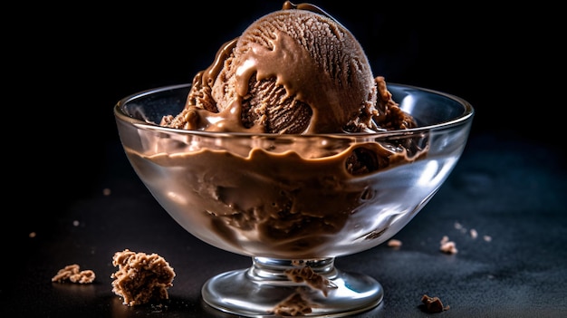 a glass bowl of chocolate ice cream