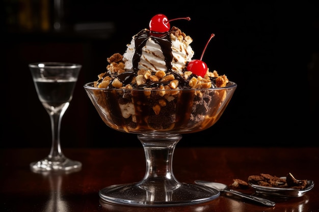 A glass bowl of chocolate sundae with a cherry on top.