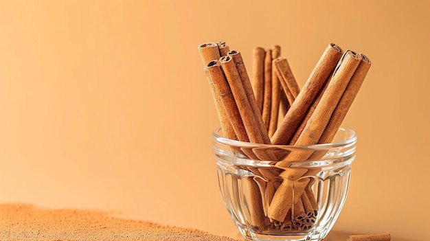 a glass bowl of cinnamon sticks with a cup of cinnamon sticks in it