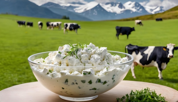 A glass bowl filled with cottage cheese