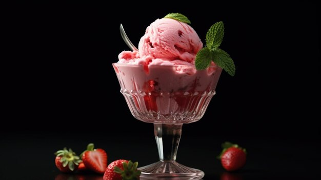 A glass bowl filled with delicious ice cream and juicy strawberries Perfect for dessert or a sweet treat