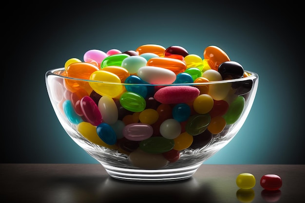 Glass bowl filled with jelly beans on table Generative AI