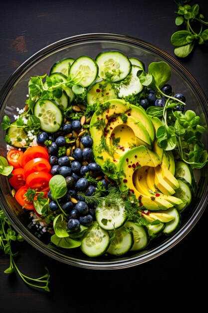 Glass bowl filled with lots of different fruits and vegetables Generative AI