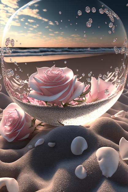 Glass bowl filled with pink roses sitting on top of a sandy beach generative ai