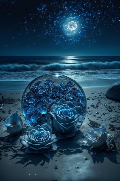 Glass bowl filled with roses sitting on top of a beach generative ai