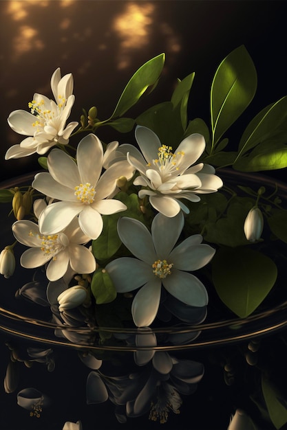 Glass bowl filled with white flowers on top of a table generative ai