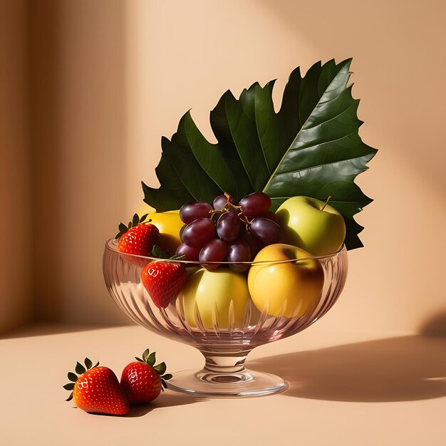 Photo a glass bowl of fruit with a leaf that says fruit in it