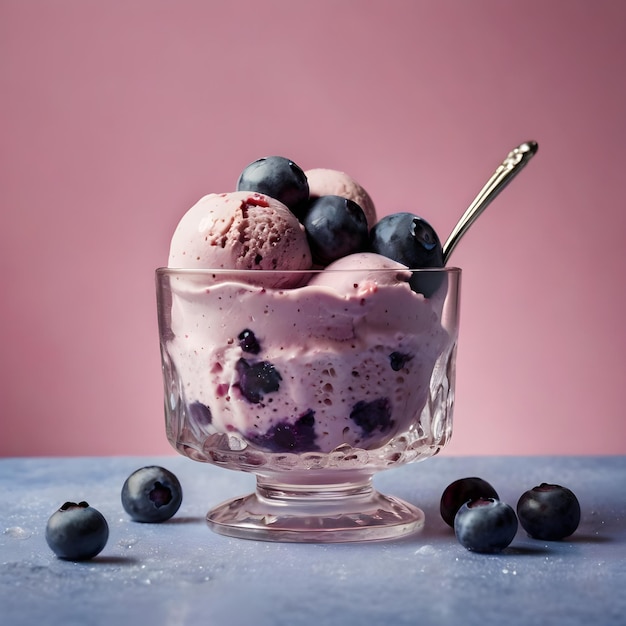 a glass bowl of ice cream with blueberries and blueberries