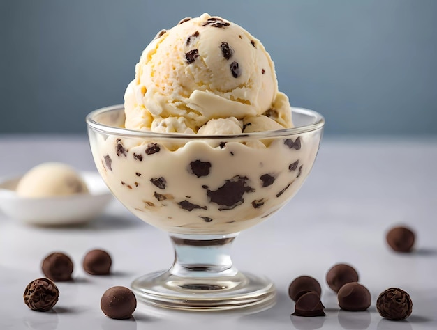 a glass bowl of ice cream with chocolate chips in it