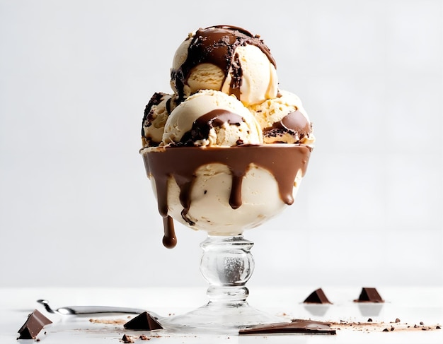 a glass bowl of ice cream with chocolate sauce on it