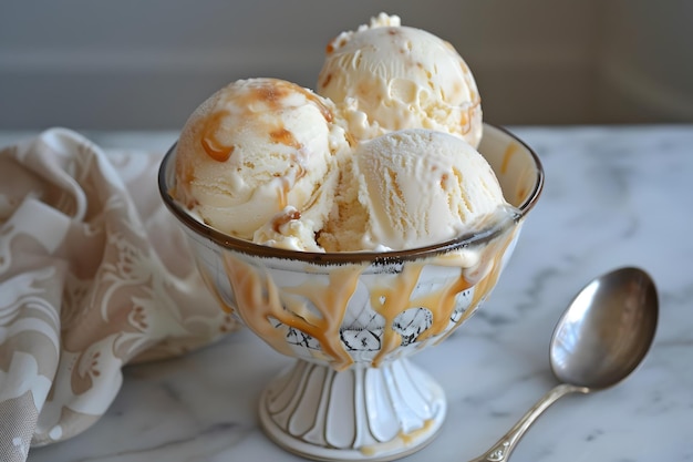 a glass bowl of ice cream with a spoon and spoon