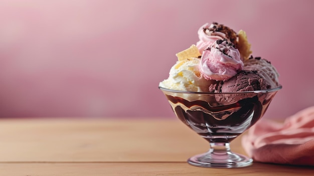 Glass bowl of mixed ice cream scoops with toppings on a wooden table against a pink background