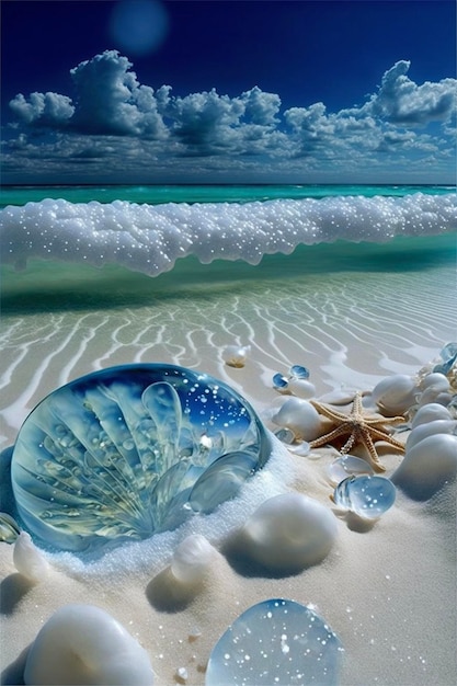 Glass bowl sitting on top of a sandy beach generative ai