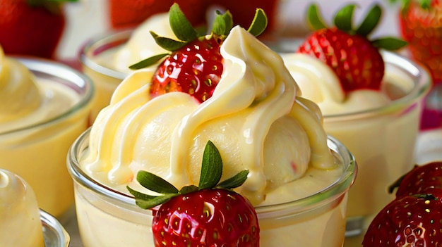 a glass bowl of strawberry cream cheesecake with a strawberry on top