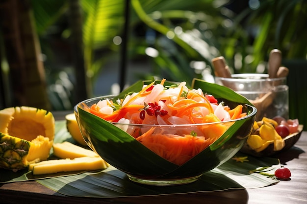 Photo glass bowl of thai papaya salad next to exotic fruit and palm leaves