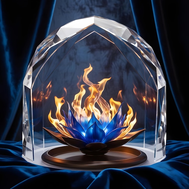 a glass bowl with a blue flame and a blue background