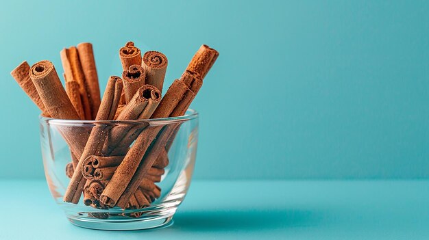 Photo a glass bowl with cinnamon sticks in it and a blue background