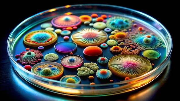 a glass bowl with a colorful glass bead of multicolored beads