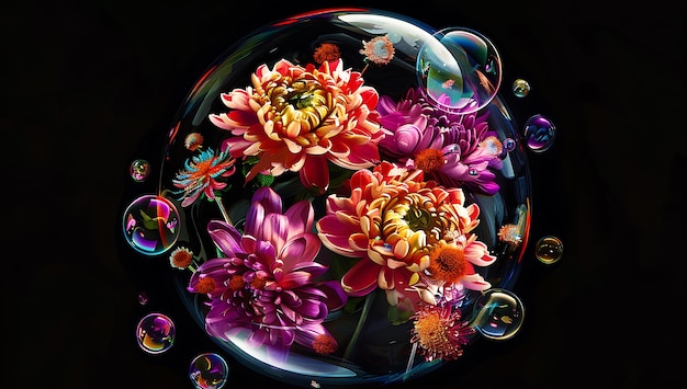 Photo a glass bowl with flowers and bubbles in it