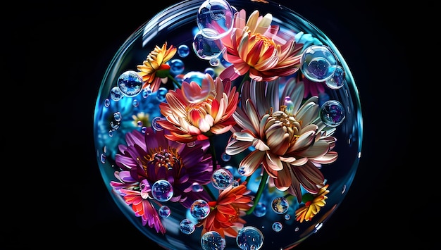 Photo a glass bowl with flowers and bubbles in it