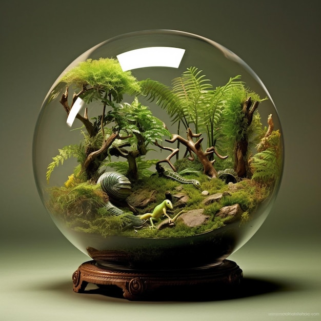 A glass bowl with a forest inside and a small tree on the bottom.