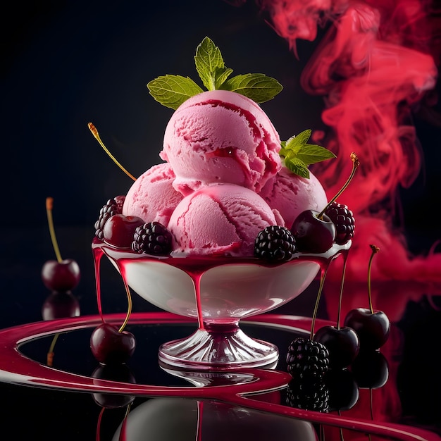 a glass bowl with ice cream and berries on it