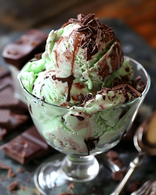 a glass bowl with ice cream and chocolate chips on it