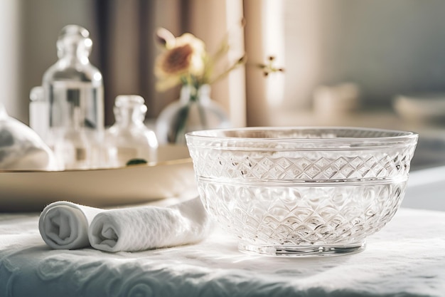 Glass bowl with ice cubes towels cosmetics and spa accessories on blurred bathroom interior background