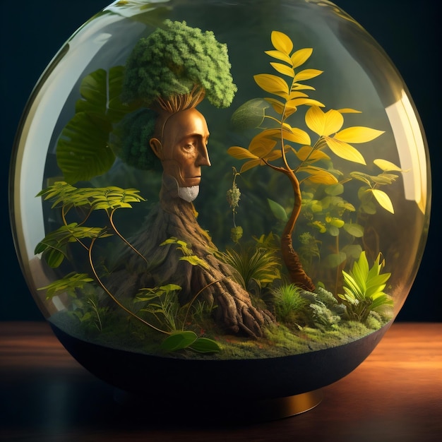 A glass bowl with a plant inside of it that has a man's head in it.